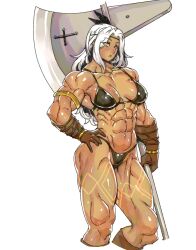 1girl amazon_(dragon&#039;s_crown) armlet armor axe battle_axe bikini_armor breasts cleavage dark_skin dragon&#039;s_crown eyes_visible_through_hair feather_hair_ornament feathers frown gloves hair_ornament hand_on_own_head hand_on_own_hip holding holding_axe jewelry large_breasts leg_tattoo long_hair minew muscular muscular_female shiny_skin solo tattoo thick_thighs thighs weapon white_background white_hair yellow_eyes