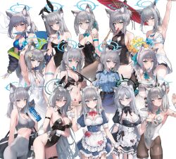 1girl absurdres alter_(kxk7357) alternate_costume animal_ear_fluff animal_ears apron arm_up armband armpits arms_up bare_shoulders bikini black_bikini black_dress black_garter_straps black_leotard black_ribbon blue_archive blue_armband blue_bow blue_bowtie blue_dress blue_eyes blue_garter_straps blue_jacket blue_shirt blue_skirt blush bow bowtie breasts breasts_apart brown_sweater cake cake_slice cat_ears china_dress chinese_clothes cleavage clipboard closed_mouth collar collarbone collared_shirt commentary covered_navel cross_hair_ornament detached_collar doodle_sensei_(blue_archive) dress enmaided fake_animal_ears food food_in_mouth frilled_apron frills garter_straps gloves grey_hair hair_ornament hand_on_own_hip hand_up highres holding holding_clipboard holding_tray holding_umbrella jacket leotard long_hair looking_at_viewer maid maid_headdress medium_breasts mouth_hold multiple_views navel off_shoulder oil-paper_umbrella playboy_bunny rabbit_ears red_bow red_bowtie red_umbrella ribbon ribbon_in_mouth sensei_(blue_archive) shiroko_(blue_archive) shirt short_sleeves side-tie_bikini_bottom sideboob skirt stomach strapless strapless_leotard sweater swimsuit thigh_strap thighhighs traditional_bowtie tray tying_hair umbrella very_long_hair white_apron white_collar white_garter_straps white_gloves white_thighhighs white_wrist_cuffs wrist_cuffs