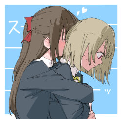 2girls black_jacket blue_background bob_cut bow brown_hair closed_eyes commentary_request grey_hair hair_bow half_updo haruruhaharur heart highres hug hug_from_behind jacket long_hair long_sleeves love_live! love_live!_nijigasaki_high_school_idol_club multiple_girls nakasu_kasumi neck_ribbon nijigasaki_school_uniform osaka_shizuku red_bow ribbon school_uniform short_hair simple_background skirt smelling smelling_hair yuri