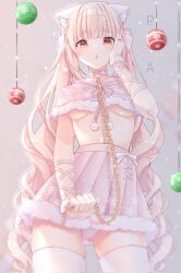 animal_ear_fluff animal_ears blonde_hair blunt_bangs blush breasts brown_eyes capelet chain choker commentary cowboy_shot english_commentary fur-trimmed_capelet fur-trimmed_skirt fur_trim glint gluteal_fold hand_on_own_face highres holding holding_chain jewelry long_hair looking_at_viewer no_bra open_mouth original panties pastel_teddybear pink_capelet pink_choker pink_ribbon pink_skirt pleated_skirt ribbon ring skirt solo thighhighs twintails underboob underwear very_long_hair wavy_hair white_panties white_thighhighs
