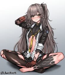 1girl absurdres android arm_up black_bow black_jacket black_skirt blush bow breasts brown_hair ch_(charchive15) character_name feet full_body girls&#039;_frontline girls&#039;_frontline_2:_exilium gloves hair_bow highres indian_style jacket leva_(girls&#039;_frontline_2) long_hair looking_at_viewer mechanical_arms navel necktie one_side_up open_clothes open_shirt red_gloves scar scar_across_eye scar_on_face shirt single_mechanical_arm sitting skirt sleeves_rolled_up slit_pupils small_breasts smile solo thighhighs toenails torn_clothes torn_thighhighs twitter_username ump45_(girls&#039;_frontline) white_shirt yellow_eyes yellow_necktie