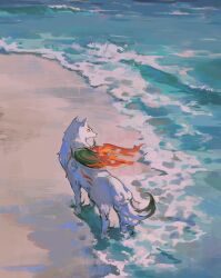amaterasu_(ookami) animal_focus beach commentary fire highres kaneblob no_humans ookami_(game) water white_fur wolf