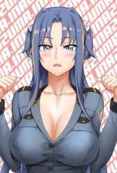 1girl artist_name blue_eyes blue_hair blush breasts cleavage clenched_hands collarbone covered_erect_nipples grey_shirt hair_ornament highres large_breasts long_hair long_sleeves looking_at_viewer military_uniform mole mole_under_mouth open_mouth original paid_reward_available satou_shouji shirt solo two_side_up upper_body very_long_hair