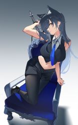 1girl absurdres alternate_costume animal_ears arknights arm_behind_head bare_arms bare_shoulders black_background black_hair black_pantyhose black_shoes blue_necktie breasts chair chinese_commentary closed_mouth collared_shirt commentary commentary_request crop_top cropped_shirt dong_tsugumi english_commentary gradient_background grey_eyes hair_between_eyes high_heels highres large_breasts long_hair looking_at_viewer midriff mixed-language_commentary multicolored_hair navel necktie on_chair pantyhose pantyhose_under_shorts shirt shoes short_shorts shorts simple_background sleeveless sleeveless_shirt solo standing standing_on_chair sword tail texas_(arknights) texas_the_omertosa_(arknights) two-tone_hair weapon white_background white_hair white_shirt wolf_ears wolf_girl wolf_tail