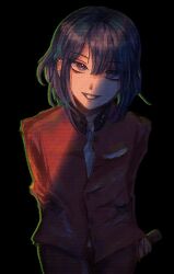 1boy black_background ear_piercing hair_between_eyes highres long_hair long_sleeves looking_at_viewer male_focus open_mouth piercing purple_eyes purple_hair simple_background smile solo teeth the_hundred_line_-last_defense_academy- tsukumo_ima