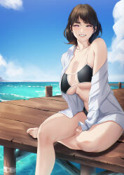 1girl bikini blueorca blush breasts brown_hair cleavage collared_shirt dock grin highres large_breasts looking_at_viewer mature_female mole mole_under_eye off_shoulder open_clothes open_shirt original outdoors pier scenery shirt single_bare_shoulder sitting sky smile solo swimsuit underboob water waves white_shirt