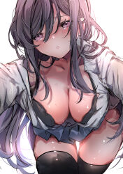 1girl absurdres bent_over black_hair black_skirt breasts cropped_legs highres kneehighs large_breasts long_hair looking_at_viewer miniskirt original shirt skirt socks white_background white_shirt yaki_ringo1