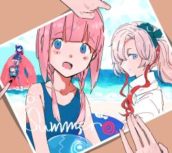 5girls alternate_costume alternate_hairstyle arm_up bad_id bad_twitter_id ball beach beachball blue_eyes blue_hair blue_one-piece_swimsuit blue_sky blush brown_hair chibi closed_mouth collared_shirt day english_text fish hair_over_shoulder harusaruhi hastur_(kamitsubaki_studio) highres holding holding_ball holding_beachball holding_hands holding_on horizon inactive_account isekaijoucho isozaki_(iso_zaki54) kaf_(kamitsubaki_studio) kamitsubaki_studio koko_(kamitsubaki_studio) laplace_(kamitsubaki_studio) long_hair looking_at_viewer low_twintails monster multicolored_eyes multicolored_hair multiple_girls ocean one-piece_swimsuit open_mouth outdoors photo_(object) pink_hair ponytail red_eyes red_hair rim_(kamitsubaki_studio) shirt sky smile streaked_hair summer swimsuit twintails two-tone_eyes virtual_youtuber vore waving white_shirt