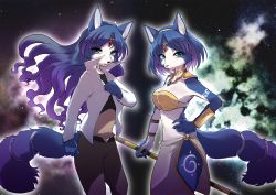 2girls :3 adjusting_clothes animal_ear_fluff animal_ears animal_nose aqua_eyes arm_tattoo armor artistic_error bandeau belt blue_fur blue_gemstone blue_hair body_fur border breasts brown_pants choker circlet claws cleavage clenched_hand closed_mouth cloud collarbone crystal dual_persona fang female_focus fox_ears fox_girl fox_tail furry furry_female gem gold gradient_hair hand_on_own_hip hand_up happy high_collar highres holding holding_polearm holding_spear holding_weapon jacket jewelry krystal leg_tattoo loincloth long_hair looking_at_viewer medium_breasts multicolored_hair multiple_girls namagaki_yukina navel necklace nintendo open_clothes open_jacket open_mouth outline pants polearm purple_hair red_gemstone shirt short_hair shoulder_armor sky smile snout space spear standing star_(sky) star_fox star_fox_adventures starry_sky stomach tail tail_ornament tail_ring tattoo tribal two-tone_fur two-tone_hair v-shaped_eyebrows vambraces weapon white_border white_fur white_jacket white_outline yellow_choker