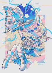 1girl arms_up blush_stickers boots border bracer breasts character_request cleavage dark_magician_girl duel_monster full_body fushitasu hat holding holding_staff kuriboh long_hair open_mouth showgirl_skirt signature staff wizard_hat yu-gi-oh!