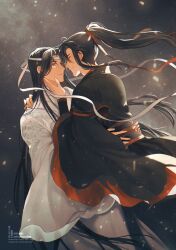Rule 34 | 2boys, artist name, bishounen, black hair, black hanfu, chinese clothes, closed eyes, closed mouth, commentary, couple, english commentary, eye contact, face-to-face, floating hair, hair ribbon, hand on another&#039;s face, hanfu, headband, high ponytail, highres, hug, lan wangji, light particles, long hair, long sleeves, looking at another, male focus, minataka94, modao zushi, multiple boys, night, night sky, ponytail, profile, red ribbon, ribbon, robe, sash, sidelocks, sky, smile, standing, very long hair, watermark, wei wuxian, white hanfu, white headband, wide sleeves, yaoi, yellow eyes