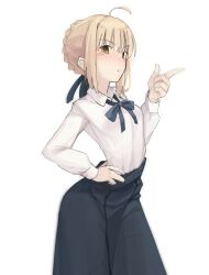 1girl absurdres ahoge artoria_pendragon_(fate) blonde_hair blue_skirt blush braid braided_bun breasts deko_morii fate/stay_night fate_(series) green_eyes hair_bun highres long_skirt long_sleeves looking_at_viewer medium_hair saber_(fate) shirt sidelocks skirt small_breasts solo white_shirt