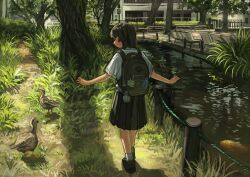 Rule 34 | 1girl, absurdres, animal, anko1127, backpack, bag, bag charm, bench, bird, black eyes, brown bag, brown shoes, building, bush, catfish, charm (object), closed mouth, commentary request, day, duck, fence, fish, from behind, full body, grass, highres, loafers, looking at animal, looking to the side, medium skirt, original, outdoors, outstretched arms, park, path, pleated skirt, profile, railing, road, scenery, shirt, shoes, short hair, short sleeves, skirt, smile, socks, solo, stream, tall grass, tree, walking, water, white shirt, white socks