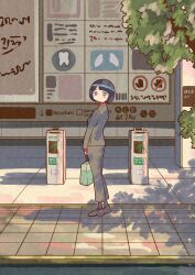 1girl absurdres arrow_(symbol) bag black_hair blue_eyes blush blush_stickers bob_cut brown_shoes cherry_blossoms city commentary_request formal_clothes fuuuu grey_pants grey_suit gundam gundam_gquuuuuux highres holding holding_bag jacket korean_commentary long_sleeves looking_at_viewer pants shiiko_sugai shoes short_hair sidewalk solo standing suit tree_shade turtleneck