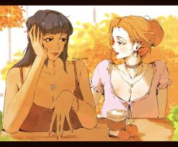 2girls blunt_bangs blush bon_drawr bracelet breasts butterfly_necklace choker commentary earrings eye_contact eyelashes food fruit hair_bun hand_rest jewelry large_breasts letterboxed long_hair looking_at_another mandarin_orange multiple_girls nami_(one_piece) necklace nico_robin one_piece orange_hair red_nails signature single_sidelock smile talking upper_body warm_colored