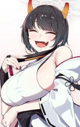 1girl absurdres bare_shoulders black_hair blue_archive blunt_bangs blush breasts bridal_gauntlets broken_horn closed_eyes detached_sleeves earrings eyeliner folding_fan halo hand_fan highres hoop_earrings horns japanese_clothes jewelry kimono large_breasts makeup mole mole_under_eye niya_(blue_archive) open_mouth short_hair sideboob single_bridal_gauntlet sleeveless sleeveless_kimono smile solo tassel white_kimono wide_sleeves yoshimoto_(carpsukidayo)