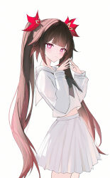 1girl absurdres alternate_costume black_neckerchief blunt_bangs blunt_ends brown_hair commentary cowboy_shot highres honkai:_star_rail honkai_(series) long_hair looking_at_viewer midriff_peek neckerchief red_eyes sailor_collar school_uniform serafuku shirt simple_background skirt solo sparkle_(honkai:_star_rail) symbol-shaped_pupils twintails usagi_(786113654) white_background white_sailor_collar white_shirt white_skirt x-shaped_pupils
