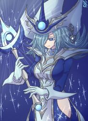 1girl blue_dress dress duel_monster gloves grey_hair hair_over_one_eye hat hip_vent holding holding_staff long_hair purple_eyes signature silent_magician sparkle staff tabard takumi_kunugi white_gloves white_hat wizard_hat yu-gi-oh!