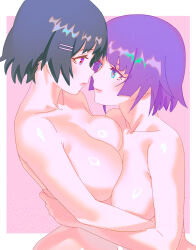 Rule 34 | 2girls, alternate hair length, alternate hairstyle, bakemonogatari, black hair, breasts, closed mouth, eye contact, glasses, hair ornament, hairclip, hanekawa tsubasa, highres, large breasts, looking at another, medium hair, monogatari (series), multiple girls, outside border, purple eyes, purple hair, rapa rachi, senjougahara hitagi, short hair, yuri