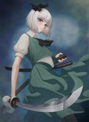 1girl absurdres ascot black_ascot black_bow black_pantyhose blue_background blue_eyes blunt_bangs bob_cut bow buttons closed_mouth collared_shirt commentary_request expressionless feet_out_of_frame ghost green_skirt green_vest highres holding holding_sword holding_weapon katana konpaku_youmu konpaku_youmu_(ghost) looking_at_viewer ni_(221) pantyhose scabbard sheath shirt short_hair short_sleeves skirt skirt_set solo sword touhou vest wakizashi weapon white_hair white_shirt