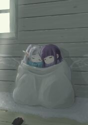 1other 2girls absurdres angel_wings black_gloves blanket blue_scarf blunt_bangs closed_eyes closed_mouth commentary_request covered_mouth cuddling day dot_mouth drawn_wings earrings elf fern_(sousou_no_frieren) floating_earrings frieren gloves grey_hair haco_(user_usmg5523) highres indoors jewelry long_hair long_sidelocks multiple_girls partially_fingerless_gloves pointy_ears purple_hair purple_scarf rug scarf sidelocks sitting sleeping sleeping_upright sousou_no_frieren teardrop_earrings twintails window wings wooden_floor wooden_wall