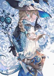 1boy absurdres aqua_eyes aqua_flower aqua_gemstone aqua_rose arm_behind_back belt black_gloves black_hat black_shirt blonde_hair blue_pants book book_holster braid brown_belt cowboy_shot cross-laced_clothes earrings eyeliner finger_to_mouth floral_background flower from_behind gem glint gloves hat hat_flower high_collar highres holding holding_wand index_finger_raised jewelry light_smile long_hair looking_at_viewer magic makeup male_focus original pants petals pointy_ears profile rose shirt shushing sideways_glance single_braid solo sparkle tsukimiya_akira wand white_flower white_rose white_shirt witch_hat