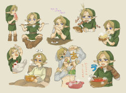 1boy animal aqua_eyes baguette bandaged_arm bandaged_ear bandages bandaid bandaid_on_face bandaid_on_nose bare_shoulders bird biting blanket blonde_hair blue_eyes bone boots bowl bread bread_slice broken_egg cheese cheese_trail chicken circlet cooking_pot crop_top cropped_legs cropped_torso crossdressing cup detached_sleeves drinking_glass eating elbows_on_table fish fish_(food) food food_bite food_on_face food_on_head forehead_jewel gerudo_set_(zelda) green_headwear green_tunic grrr0111 halterneck holding holding_bowl holding_cup holding_knife holding_skewer holding_spoon knife light_brown_hair link looking_ahead looking_at_viewer male_focus mouth_hold mouth_veil multiple_scars multiple_views nintendo object_on_head on_bed one_eye_covered open_mouth parted_bangs pillow plate pointy_ears raw_egg raw_meat sausage scar scar_on_stomach short_hair short_sleeves sick simple_background skewer soup spoon steam sweat the_legend_of_zelda toast tunic under_covers uneven_eyes veil veil_lift