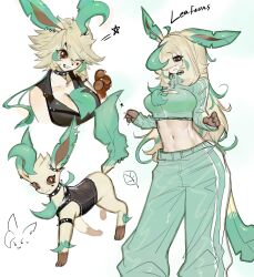 animal_ears animal_hands beige_fur blonde_hair bracelet breasts brown_eyes brown_sclera cleavage cleavage_cutout clothing_cutout collar colored_sclera ear_piercing furry furry_female gen_4_pokemon green_hair highres jewelry large_breasts leaf leafeon long_hair looking_at_viewer midriff multicolored_hair navel nintendo piercing pokemon pokemon_(creature) spiked_bracelet spiked_collar spikes sportswear togetoge