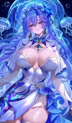1girl blue_eyes blue_flower blush breasts breasts_apart cantarella_(wuthering_waves) chinese_commentary closed_mouth commentary_request cowboy_shot dress duplicate earrings eternity_(shadeh) facial_mark flower hair_between_eyes hair_flower hair_ornament headdress highres jellyfish jewelry jpeg_artifacts large_breasts long_hair long_sleeves looking_at_viewer mark_under_eye mole mole_under_eye pendant purple_hair shrug_(clothing) side_slit smile solo thighhighs thighs very_long_hair white_dress white_shrug wuthering_waves