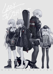 4girls absurdres ahoge belt blowing_bubbles boots camisole carabiner cardigan cat chewing_gum choker collar collared_shirt copyright_name cross cross_earrings cyrillic dated earrings empty_eyes english_text expressionless full_body garter_straps girls&#039;_frontline glaring greyscale guitar_case gun hair_ornament hair_over_one_eye hand_on_own_chin hand_up hands_in_pockets hat height_difference highres holding holding_gun holding_weapon hood hooded_jacket instrument_case jacket jacket_partially_removed jewelry long_sleeves looking_at_another looking_at_viewer looking_back looking_to_the_side m200_(girls&#039;_frontline) mole mole_under_eye monochrome multiple_girls necklace necktie o-ring open_clothes open_jacket over_shoulder pantyhose parted_lips peaked_cap pleated_skirt police police_of_russia police_uniform ponytail pouch red_collar russian_flag serbu_super-shorty shaded_face shirt shirt_tucked_in shoes short_hair shotgun skirt sleeves_past_wrists sneakers snowflake_hair_ornament spot_color standing su_xiao_jei super-shorty_(girls&#039;_frontline) thigh_pouch trigger_discipline tsurime two_side_up type_80_(girls&#039;_frontline) vsk-94_(girls&#039;_frontline) weapon wide-eyed