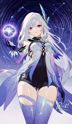 1girl artist_name bare_shoulders breasts butterfly_hair_ornament closed_mouth commentary_request detached_sleeves earrings expressionless genshin_impact gloves gradient_legwear grey_hair hair_between_eyes hair_ornament highres jewelry long_hair looking_at_viewer medium_breasts red_eyes rut1024 skirk_(genshin_impact) solo thigh_gap thighhighs thighs very_long_hair