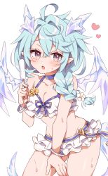 Rule 34 | 1girl, ahoge, bikini, blue hair, blush, breasts, cleavage, collarbone, commentary, contrapposto, cowboy shot, dragon girl, dragon horns, dragon tail, dragon wings, food, frilled bikini, frills, grey eyes, hair between eyes, hi (pontolfo), highres, holding, holding food, holding popsicle, horns, light blue hair, long hair, looking at viewer, low-braided long hair, low-tied long hair, medium breasts, melting, midriff, official alternate costume, open mouth, pointy ears, popsicle, princess connect!, sheffy (princess connect!), sheffy (summer) (princess connect!), sidelocks, simple background, solo, swimsuit, tail, white background, white bikini, wings