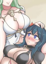 Rule 34 | 2girls, bikini, black bikini, blue eyes, blue hair, blush, breasts, cleavage, female byleth (fire emblem), female byleth (summer) (fire emblem), fire emblem, fire emblem: three houses, fire emblem heroes, green hair, hayato stuff, highres, lap pillow, large breasts, medium breasts, multiple girls, nintendo, official alternate costume, rhea (fire emblem), rhea (summer) (fire emblem), swimsuit, white bikini