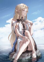1girl absurdres bare_shoulders black_collar black_dress black_panties blue_eyes blue_sky cartethyia_(wuthering_waves) collar commentary crown_of_thorns day dress earrings hand_up highres jewelry knees_up looking_afar looking_to_the_side outdoors panties parted_lips pointy_ears sandals sidelocks sky soaking_feet solo stormzzy tabard toes underwear water white_sandals white_tabard wuthering_waves