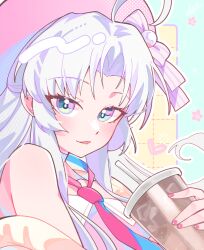 1girl ahoge aqua_eyes bare_shoulders blush carlotta_(wuthering_waves) commentary_request cup disposable_cup grey_hair hand_up hat highres holding holding_cup light_blush long_hair looking_at_viewer nail_polish necktie official_alternate_costume parted_bangs parted_lips pink_hat pink_nails pink_necktie smile solo starblame wuthering_waves
