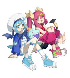Rule 34 | 2girls, ahoge, aqua eyes, aqua hair, black shorts, blue boots, blue bow, blue jacket, blue nails, blush, boots, bow, breasts, crop top, demon girl, demon tail, demon wings, dress, duel monster, green eyes, hair between eyes, hand on ground, hat, ishii (young-moon), jacket, ki-sikil (yu-gi-oh!), lil-la (yu-gi-oh!), live twin ki-sikil, live twin lil-la, long hair, looking at viewer, multiple girls, open clothes, open jacket, open mouth, pink boots, pink hair, pink jacket, short hair, shorts, simple background, sitting, small breasts, smile, socks, spiked hair ornament, tail, twintails, white background, white dress, white hat, white socks, wings, yu-gi-oh!