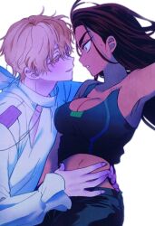 Rule 34 | 1boy, 1girl, alien stage, black pants, black tank top, blonde hair, breasts, brown hair, chest tattoo, cleavage, clothing cutout, colored eyelashes, commentary, grey eyes, hand on another&#039;s waist, hashtag-only commentary, hetero, highres, hyuna (alien stage), long hair, long sleeves, lubya, luka (alien stage), midriff, pants, shirt, short hair, single strap, tank top, tattoo, very short hair, white shirt, yellow eyes