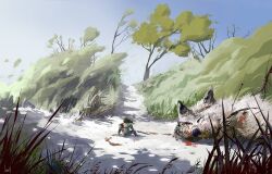 Rule 34 | animal, blood, blood on ground, dead animal, grass, hill, long hair, morning, original, oversized animal, path, plant, road, shadow, sitting, slow d, sunlight, tall grass, wolf