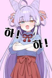 1girl absurdres ahoge blue_eyes blush cone_hair_bun crossed_arms fang hair_bun hair_ornament hair_rings heterochromia highres long_hair open_mouth pom_pom_(clothes) pom_pom_hair_ornament purple_hair purple_tail saho_4545 simple_background solo stellive tenko_shibuki virtual_youtuber yellow_eyes