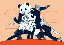 1girl 2boys animal black_hair glasses holding holding_sword holding_weapon inumaki_toge jujutsu_kaisen katana light_smile long_hair multiple_boys okkotsu_yuuta panda panda_(jujutsu_kaisen) parted_bangs polearm ponytail short_hair spear sword weapon white_hair zen&#039;in_maki