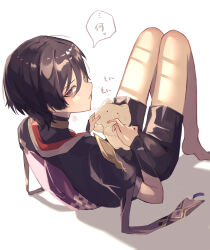 Rule 34 | 1boy, absurdres, animal, armor, barefoot, black bodysuit, black hair, black kimono, black shorts, black sleeves, blunt ends, bodysuit, cat, eyelashes, eyeliner, eyeshadow, fingernails, from behind, furisode, genshin impact, gold, grey eyes, grey sleeves, highres, holding, holding animal, japanese armor, japanese clothes, jewelry, juban, kimono, knees up, kote, kurokote, layered sleeves, leaning back, looking at viewer, looking back, makeup, male focus, neck ring, nero hanken, open mouth, purple bag, red eyeliner, red eyeshadow, red kimono, scaramouche (genshin impact), short sleeves, shorts, single sode, sitting, solo, white background, white cat, white kimono, white mouth
