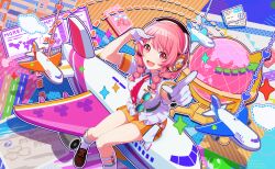 1girl :d aircraft airplane ano_hi_no_yume_no_kanata_mukou_e_(project_sekai) blue-tinted_eyewear breasts brown_shoes collared_shirt colorful_palette fang flower foot_out_of_frame game_cg globe headphones heart hibiscus highres looking_at_viewer momoi_airi multi-tied_hair necktie official_alternate_costume official_alternate_hairstyle official_art open_mouth orange_eyes orange_shorts outline photo_(object) pink_eyes pink_flower pink_hair project_sekai red_necktie shirt shoes shorts sitting smile socks solo sunglasses third-party_source ticket tinted_eyewear tongue unworn_eyewear white_outline white_shirt white_socks