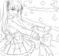 1girl christmas christmas_tree fate/stay_night fate_(series) female_focus greyscale holly lineart long_hair mistletoe monochrome non-web_source sack sketch skirt smile solo sweater tohsaka_rin turtleneck tusia twintails two_side_up