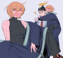 &gt;_&lt; 1boy 1girl black_headband black_shirt blade_lineage_(identity)_(project_moon) blue_coat breasts coat don_quixote_(project_moon) hair_bun headband highres limbus_company long_sleeves medium_breasts meursault_(project_moon) necktie open_mouth project_moon red_necktie shirt simple_background sleeveless sleeveless_shirt smile tokkuri turtleneck turtleneck_shirt wenli white_background white_shirt