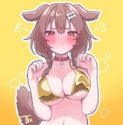 1girl alternate_costume animal_ears artist_name bare_shoulders bikini blush bone_hair_ornament braid breasts breasts_squeezed_together brown_eyes brown_hair brown_tail cleavage collar collarbone dog_ears dog_girl dog_tail ears_down gold_bikini golden_week golden_week_bikini hair_between_eyes hair_ornament highres hololive inugami_korone large_breasts medium_hair missing_commentary navel outline pout red_collar simple_background solo swimsuit tail tkc_(user_snjd8547) twin_braids underboob upper_body virtual_youtuber white_outline yellow_background