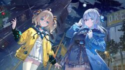 2girls ahoge amagai_ruka appare_hinata belt_collar blonde_hair blue_coat blue_collar blue_eyes blue_hair blue_jacket blue_neckerchief blue_ribbon blue_sailor_collar blue_shirt braid buttons center-flap_bangs closed_mouth cloud coat collar collared_shirt commentary_request copyright_notice double-breasted double-parted_bangs earphones gloves gold_trim grey_hair grey_skirt hair_between_eyes hair_ornament hair_ribbon hairclip hand_up hood hooded_coat hooded_jacket jacket kobuta long_sidelocks long_sleeves looking_at_viewer miniskirt multicolored_hair multiple_girls neck_ribbon neckerchief night official_art outdoors parted_lips plaid_clothes plaid_skirt pleated_skirt rain ribbon sailor_collar school_uniform serafuku shared_earphones shibuya_(tokyo) shibuya_109 shirt short_hair side_braid sidelocks skirt streaked_hair thighhighs tokyo_(city) traffic_light virtual_youtuber weather_planet white_gloves white_serafuku white_shirt white_skirt white_thighhighs yellow_jacket