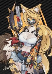 1girl absurdres breasts cat_girl choker cleavage female_focus fingerless_gloves furry furry_female gloves gun highres jamoart large_breasts long_hair looking_at_viewer mask midriff mouth_mask navel ponytail pulchra_fellini short_shorts shorts solo thick_thighs thighs weapon zenless_zone_zero