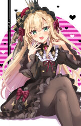 1boy :d black_dress blonde_hair bow brown_pantyhose colored_shadow commentary_request crossdressing crown dress feet_out_of_frame frilled_dress frills green_eyes hair_between_eyes hair_bow highres long_hair long_sleeves looking_at_viewer male_focus mini_crown motoi_ayumu nail_polish nijisanji open_mouth pantyhose purple_bow purple_ribbon red_nails ribbon shadow smile solo striped_background striped_bow uzuki_kou uzuki_kou_(4th_costume) very_long_hair virtual_youtuber wide_sleeves