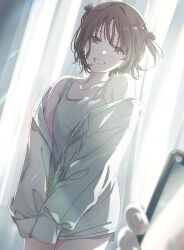 Rule 34 | 1girl, 1other, breasts, brown eyes, brown hair, cellphone, cleavage, collarbone, commentary request, cowboy shot, curtains, grey jacket, grey tank top, grin, highres, indoors, jacket, light blush, long sleeves, mosuko, off shoulder, open clothes, open jacket, original, phone, pov, pov hands, short hair, shorts, smile, solo focus, tank top