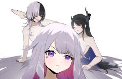 Rule 34 | 3girls, absurdres, asymmetrical horns, black hair, black horns, black nails, blue hair, closed eyes, closed mouth, colored inner hair, commentary, daydarion, english commentary, gradient hair, grey hair, highres, hololive, hololive english, horns, implied tribadism, jewel under eye, koseki bijou, long hair, looking at viewer, mole, mole under eye, multicolored hair, multiple girls, nerissa ravencroft, pink hair, purple eyes, raised eyebrow, shiori novella, split-color hair, two-tone hair, virtual youtuber, yuri